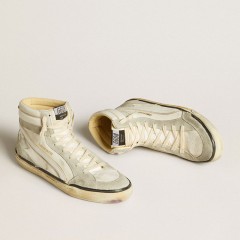 Golden Goose Slide LAB In Aged-white Nappa Leather With Gray Suede Star And White Leather Flash