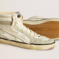 Golden Goose Slide LAB In Aged-white Nappa Leather With Gray Suede Star And White Leather Flash