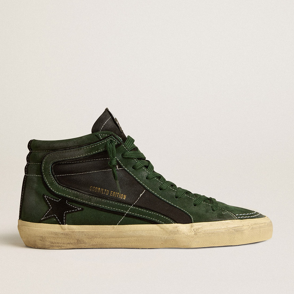 Golden Goose Slide LTD In Green Suede And Black Canvas With Suede Star And Flash