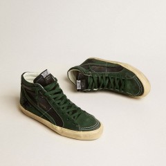 Golden Goose Slide LTD In Green Suede And Black Canvas With Suede Star And Flash