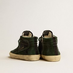 Golden Goose Slide LTD In Green Suede And Black Canvas With Suede Star And Flash