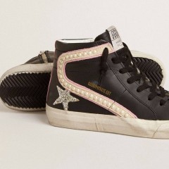 Golden Goose Slide LTD With Platinum Glitter Star And Suede Flash With Pearls