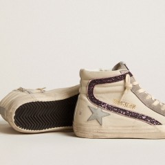 Golden Goose Slide With Gray Leather Star And Wine-colored Glitter Flash