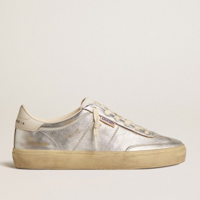 Golden Goose Soul Star In Metallic Silver Leather With White Leather Heel Tab