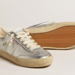 Golden Goose Soul Star In Metallic Silver Leather With White Leather Heel Tab