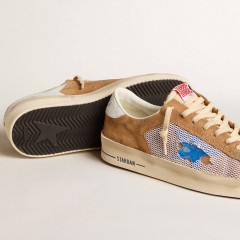 Golden Goose Stardan LTD In Tobacco Suede And Mesh With Blue Star And Leather Heel Tab