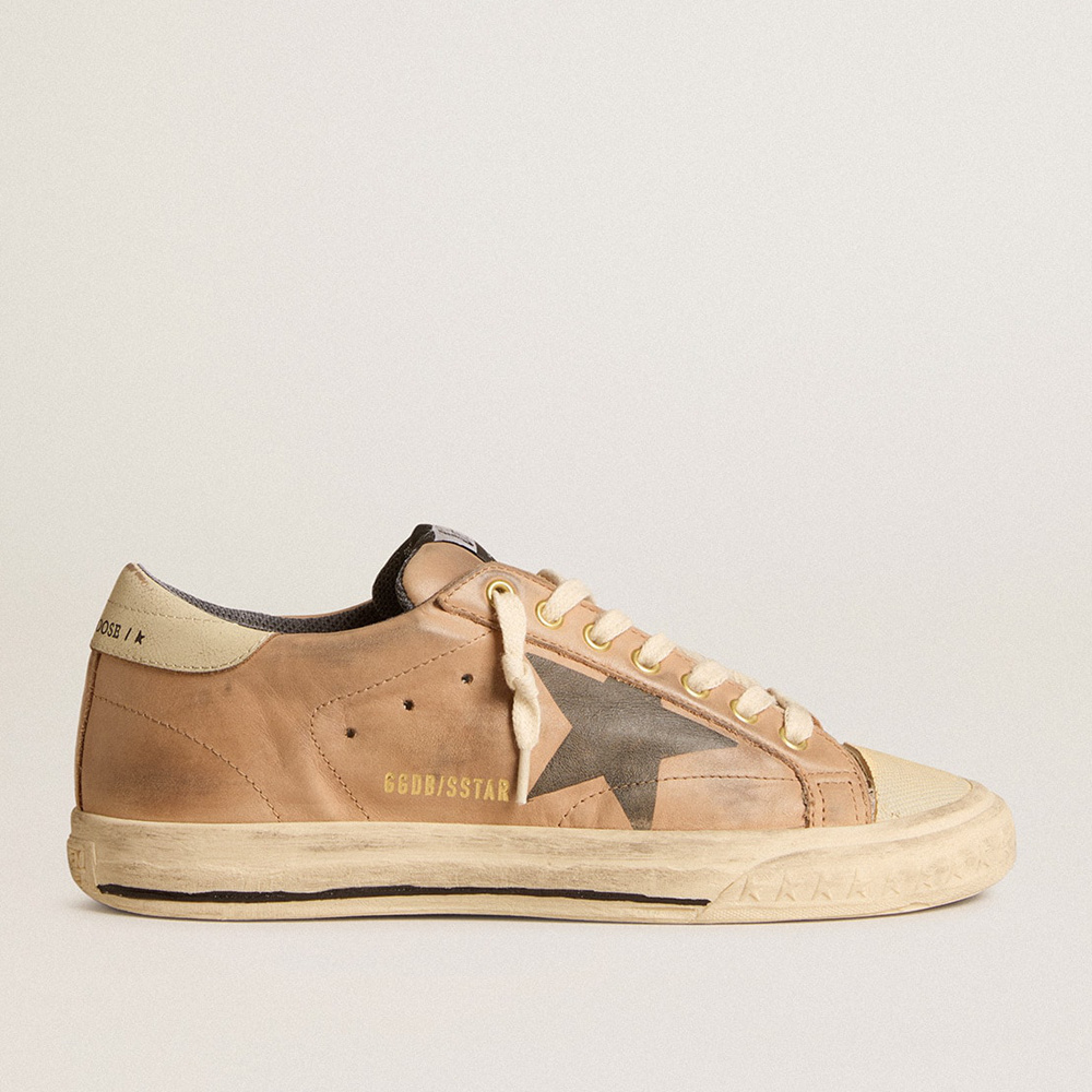 Golden Goose Super-Star In Beige Nubuck With Black Printed Star And Leather Heel Tab