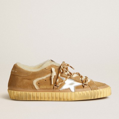 Golden Goose Super-Star In Beige Suede And Shearling With Metallic Leather Star