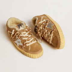 Golden Goose Super-Star In Beige Suede And Shearling With Metallic Leather Star