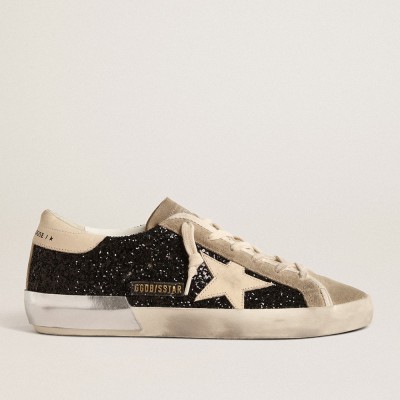 Golden Goose Super-Star In Black Glitter With Cream Star And Suede Inserts