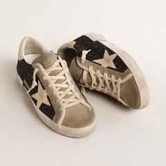 Golden Goose Super-Star In Black Glitter With Cream Star And Suede Inserts