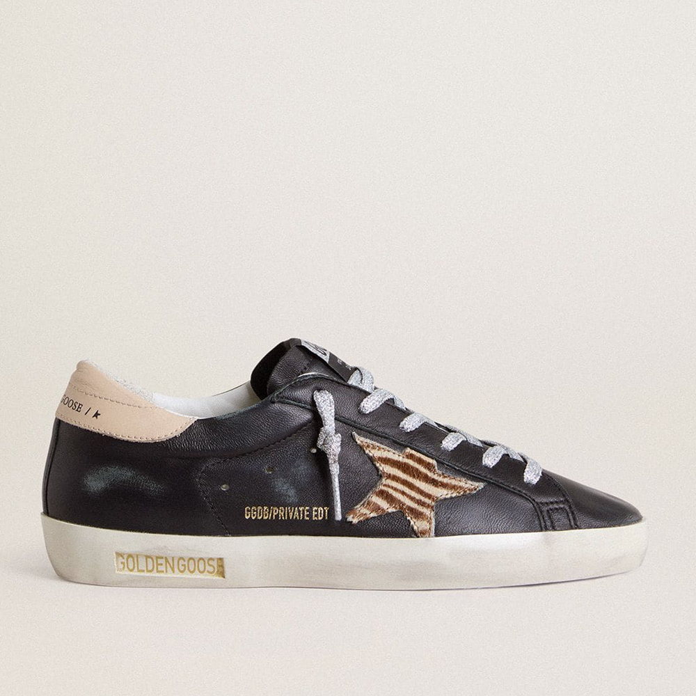 Golden Goose Super-Star In Black Nappa Leather With Zebra-print Pony Skin Star And Beige Leather Heel Tab