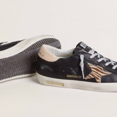 Golden Goose Super-Star In Black Nappa Leather With Zebra-print Pony Skin Star And Beige Leather Heel Tab