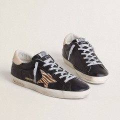 Golden Goose Super-Star In Black Nappa Leather With Zebra-print Pony Skin Star And Beige Leather Heel Tab