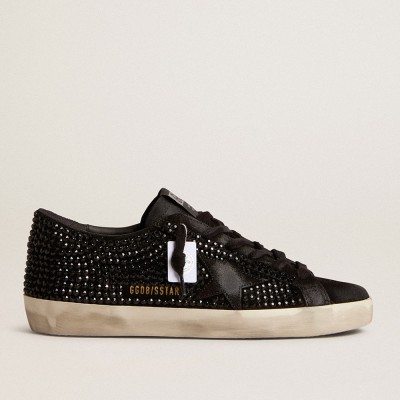 Golden Goose Super-Star In Black Suede With Swarovski Crystals And Black Suede Star