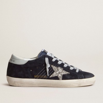 Golden Goose Super-Star In Blue Suede, Silver Glitter Star And Leather Heel Tab