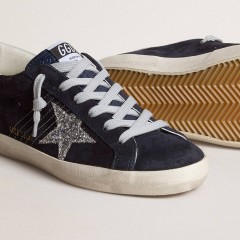 Golden Goose Super-Star In Blue Suede, Silver Glitter Star And Leather Heel Tab