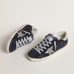 Golden Goose Super-Star In Blue Suede, Silver Glitter Star And Leather Heel Tab