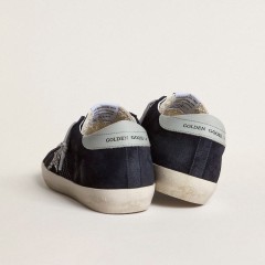 Golden Goose Super-Star In Blue Suede, Silver Glitter Star And Leather Heel Tab