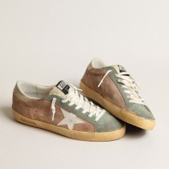 Golden Goose Super-Star In Brown And Green Suede With White Nappa Leather Star