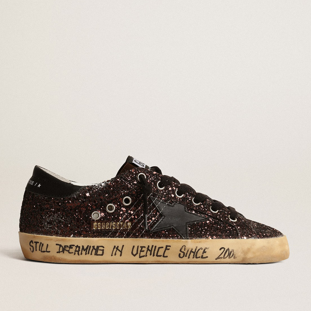 Golden Goose Super-Star In Brown Glitter With Black Leather Star And Heel Tab