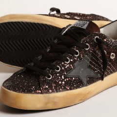 Golden Goose Super-Star In Brown Glitter With Black Leather Star And Heel Tab