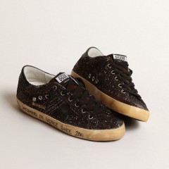 Golden Goose Super-Star In Brown Glitter With Black Leather Star And Heel Tab