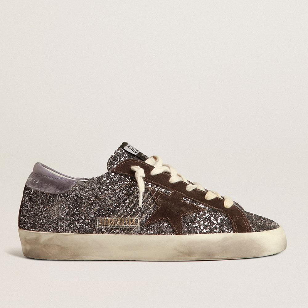 Golden Goose Super-Star In Glitter With A Brown Star And Lilac Heel Tab