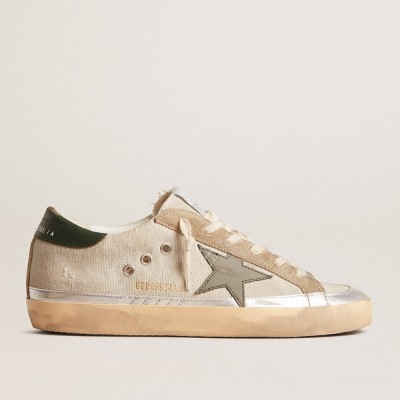 Golden Goose Super-Star In Gray Canvas With A Green Leather Star And Heel Tab