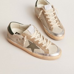 Golden Goose Super-Star In Gray Canvas With A Green Leather Star And Heel Tab