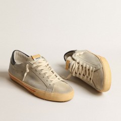 Golden Goose Super-Star In Gray Nubuck With Perforated Star And Blue Heel Tab