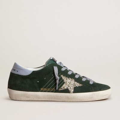 Golden Goose Super-Star In Green Suede, Silver Glitter Star And Leather Heel Tab