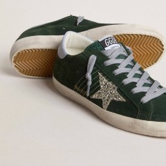 Golden Goose Super-Star In Green Suede, Silver Glitter Star And Leather Heel Tab