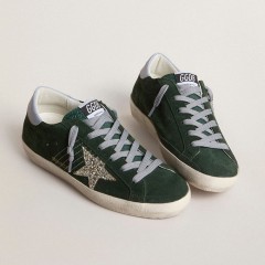 Golden Goose Super-Star In Green Suede, Silver Glitter Star And Leather Heel Tab