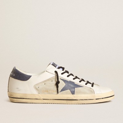 Golden Goose Super-Star In Leather And Suede With Blue Lizard-print Leather Star