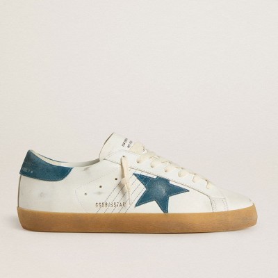 Golden Goose Super-Star In Leather With Petrol-blue Suede Star And Heel Tab