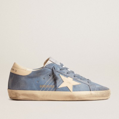 Golden Goose Super-Star In Light Blue Suede With Beige Leather Star And Heel Tab