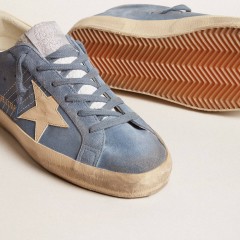 Golden Goose Super-Star In Light Blue Suede With Beige Leather Star And Heel Tab