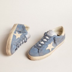 Golden Goose Super-Star In Light Blue Suede With Beige Leather Star And Heel Tab