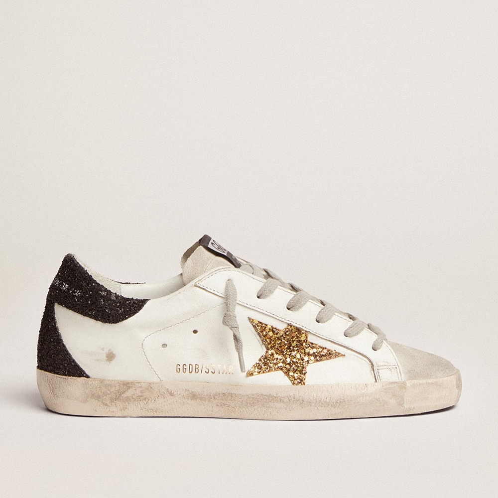 Golden Goose Super-Star In Nappa Leather With Gold Glitter Star And Black Glitter Heel Tab