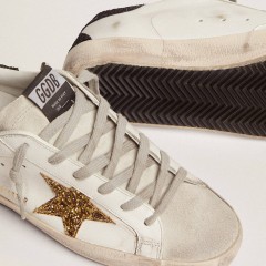 Golden Goose Super-Star In Nappa Leather With Gold Glitter Star And Black Glitter Heel Tab