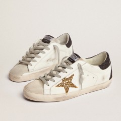 Golden Goose Super-Star In Nappa Leather With Gold Glitter Star And Black Glitter Heel Tab