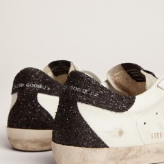 Golden Goose Super-Star In Nappa Leather With Gold Glitter Star And Black Glitter Heel Tab