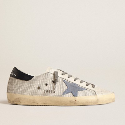 Golden Goose Super-Star In Pale Silver Mesh With Light Blue Suede Star