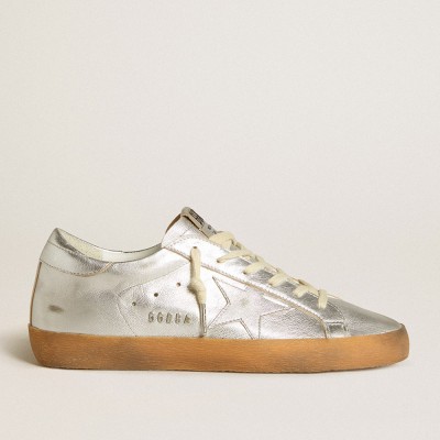 Golden Goose Super-Star In Silver Metallic Leather With Leather Star And Heel Tab