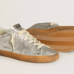 Golden Goose Super-Star In Silver Metallic Leather With Leather Star And Heel Tab