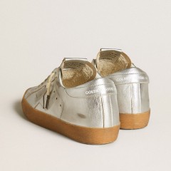 Golden Goose Super-Star In Silver Metallic Leather With Leather Star And Heel Tab