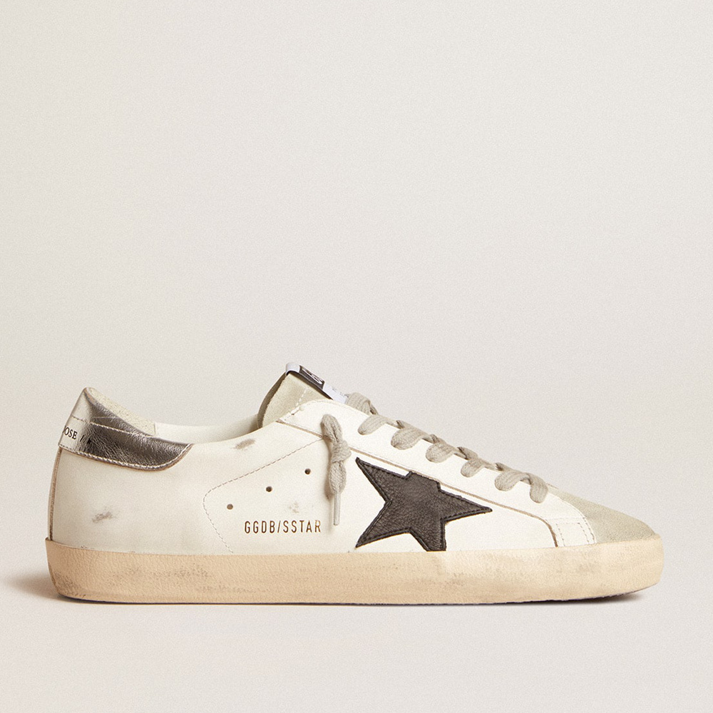 Golden Goose Super-Star In White Leather With Black Nubuck Star And Silver Metallic Leather Heel Tab