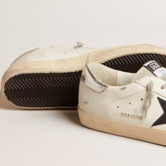 Golden Goose Super-Star In White Leather With Black Nubuck Star And Silver Metallic Leather Heel Tab