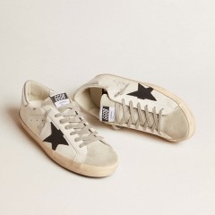 Golden Goose Super-Star In White Leather With Black Nubuck Star And Silver Metallic Leather Heel Tab